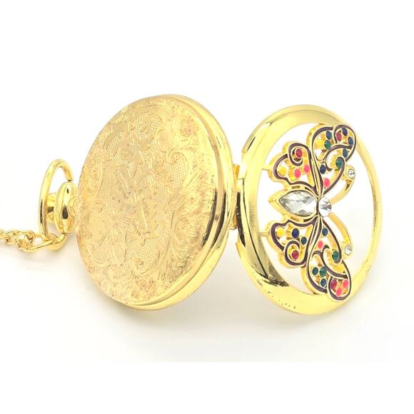 Jewel Butterfly Pocket Watch – Vibrant Crystals, Gold Finish, Fashion Accessory - Picture 6 of 11